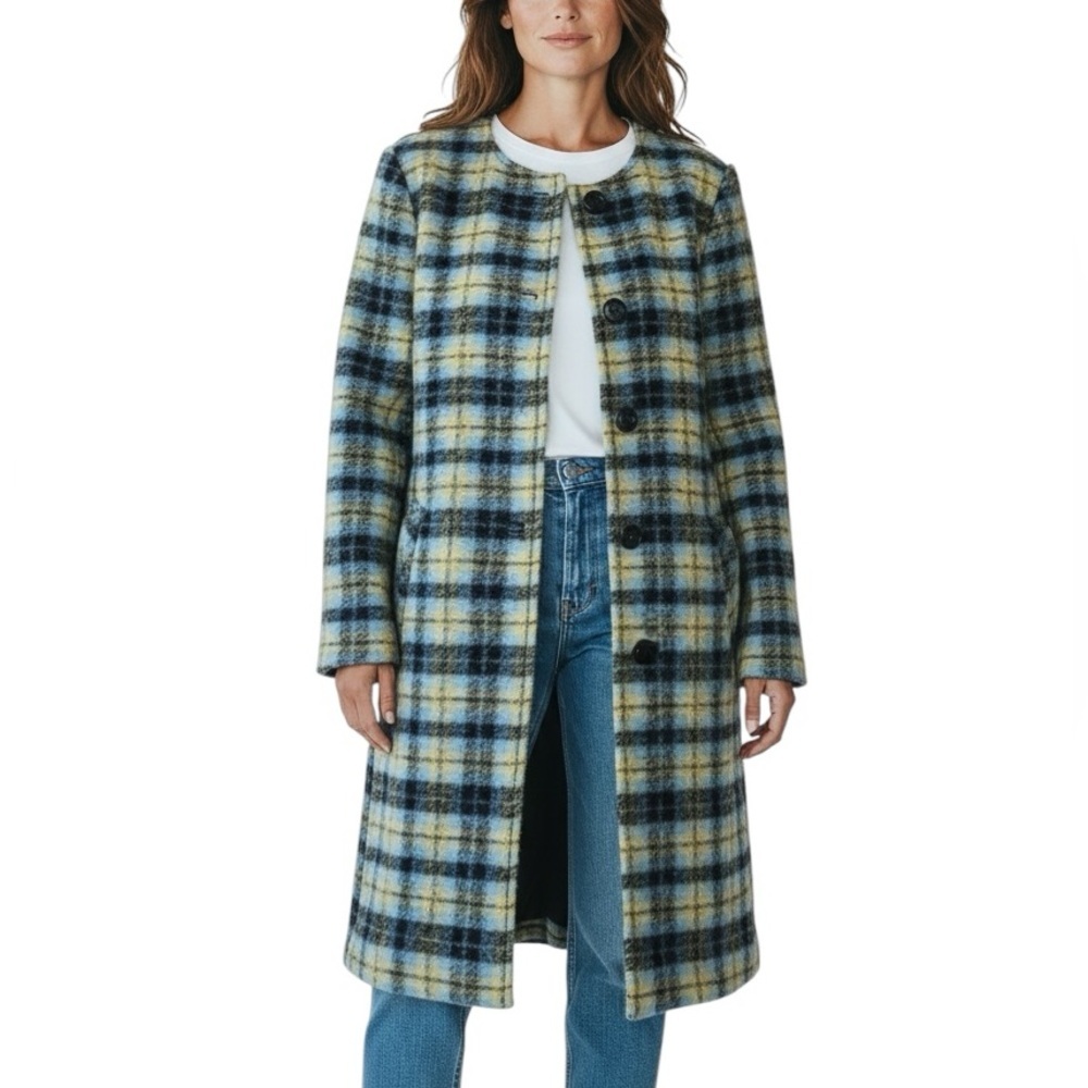 Rachel Zoe Wool Blend Plaid Button Up Coat Sz. M Blue Gold Black Pockets